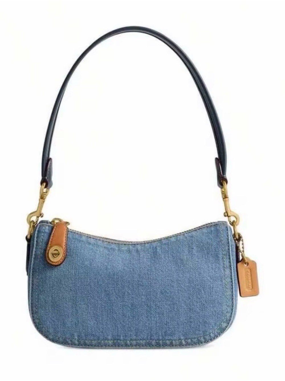 Coach Blue Denim Shoulder Bag with Tan Leather Trim